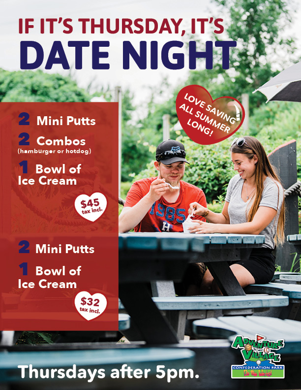 Adventure Village Date Night poster. Thursdays after 5 PM.