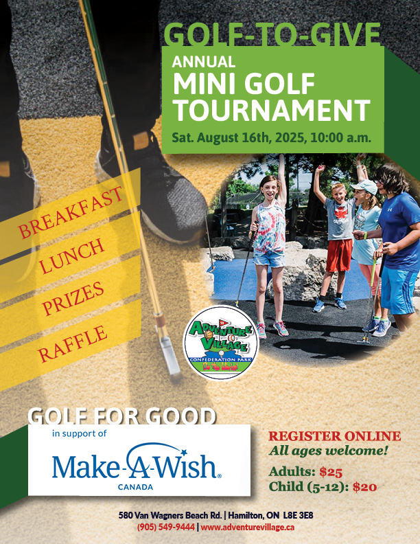 av_tournament_poster_2025 Poster for Adventure Village's Golf-to-Give mini golf tournament in support of Make-A-Wish Canada